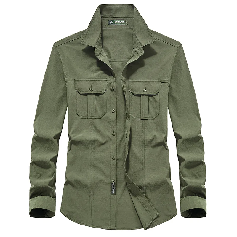 

Spring and Autumn New Men's Large Loose Long Sleeved Shirt Men's Water Washed Multi Bag Work Clothes Business Casual Top