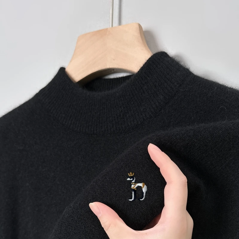 Offres spéciales léger luxe hommes tricot laine pull col montant dessin animé chien broderie pull hiver chaud doux britannique tendance vêtements pour hommes