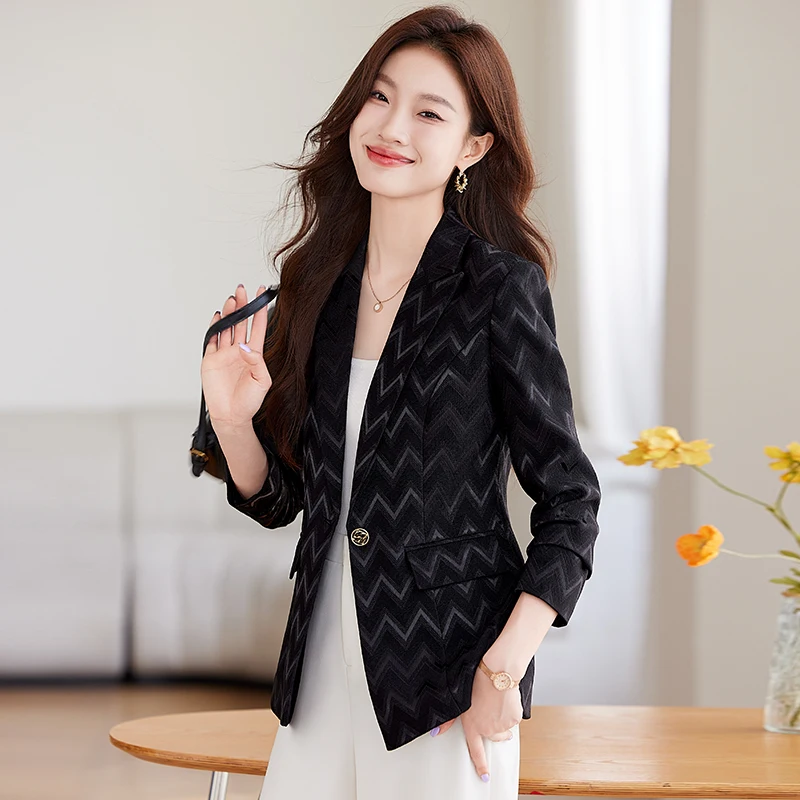 NAVIU Stripes Print Women Coat Solid Long Sleeve Blazers Lapel Nec Elegant Temperament Fashion Basic Jacket Office Lady Casual