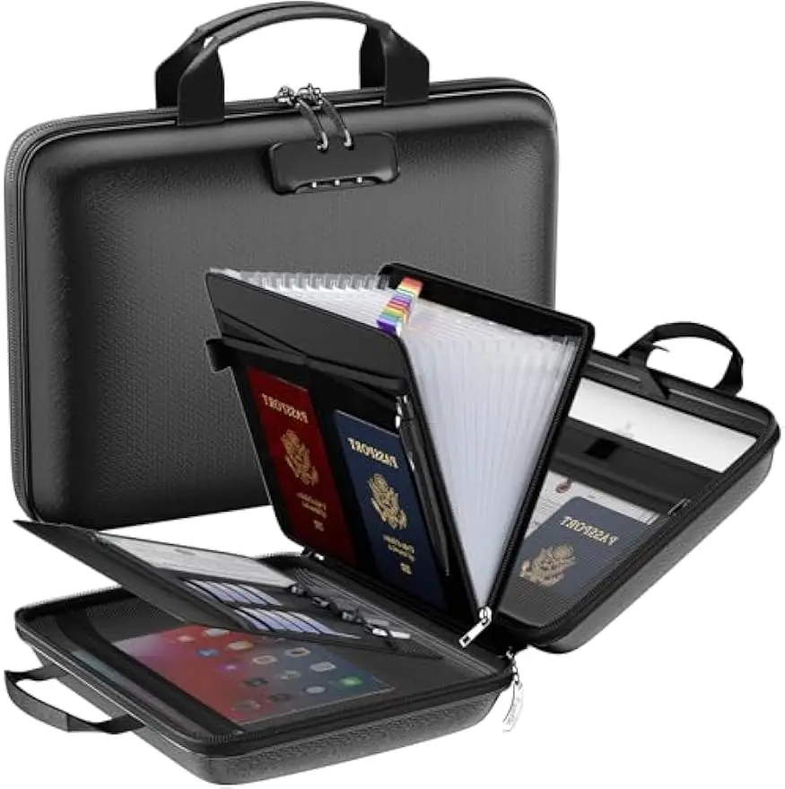 

Fireproof Document Organizer with Lock, Hard-Shell Case and 13 Pockets for Files, Laptops, Passports (Black)