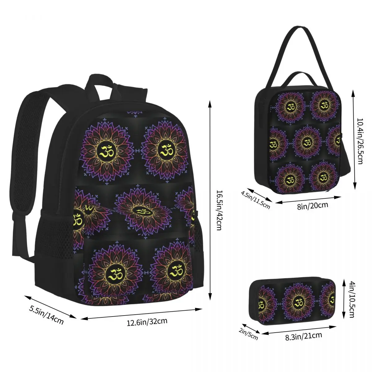 Gold Golden Mandala Om Yoga Aum Ohm Henna Backpacks Kids Bookbag School Bags Rucksack Lunch Bag Pen Bag Three-Piece Set