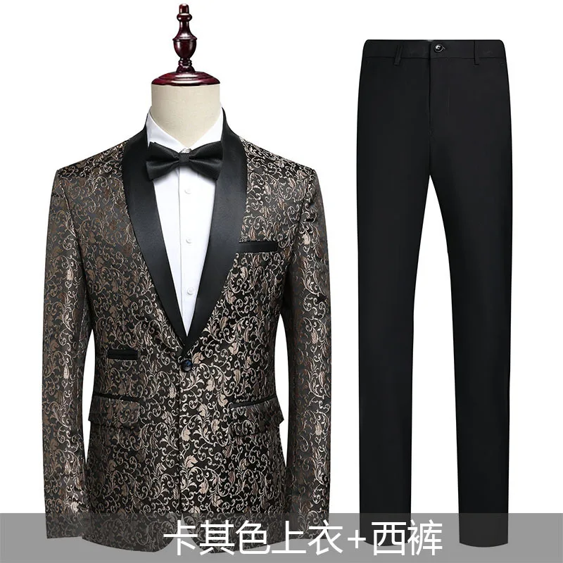 Men Blazers Spliced Single Button Suits Two Pieces Cardigan Long Sleeve Blazer Zipper Fly Ankle Length Pants Print Business