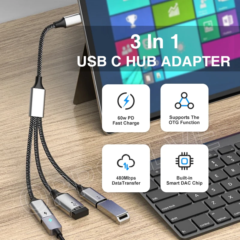 3 in 1 USB Type C Male To 2 USB-C USB2.0 Female Docking Station Convertor For Mouse Keyboard PD 60W Charging Cable For U Disk