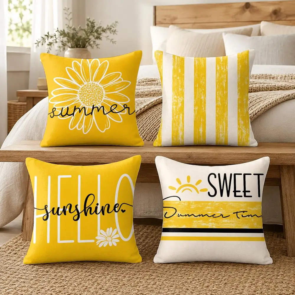 Hello Summer Yellow Design Cushion Cover Soft Short Plush Pillow Cover Smooth Cozy Texture Cushion Case Home Decor