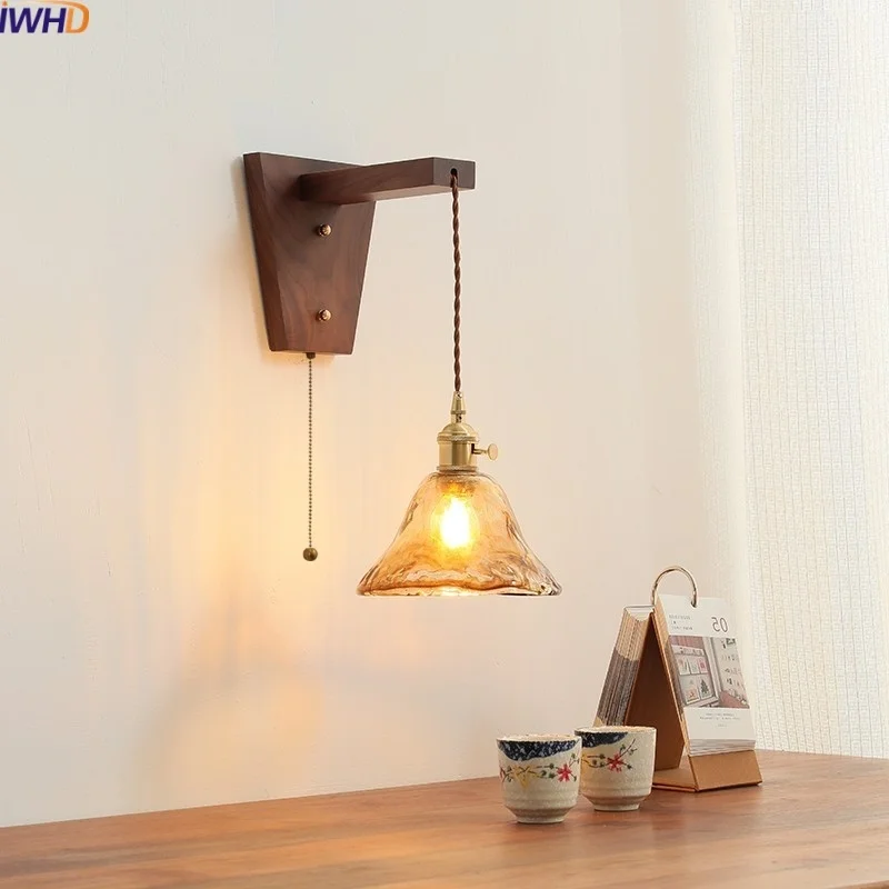 

IWHD Walnut Copper LED Wall Lamp Sconce Balcony Bedroom Living Room Pull Chain Switch Nordic Stair Light Fixtures Espejo Pared