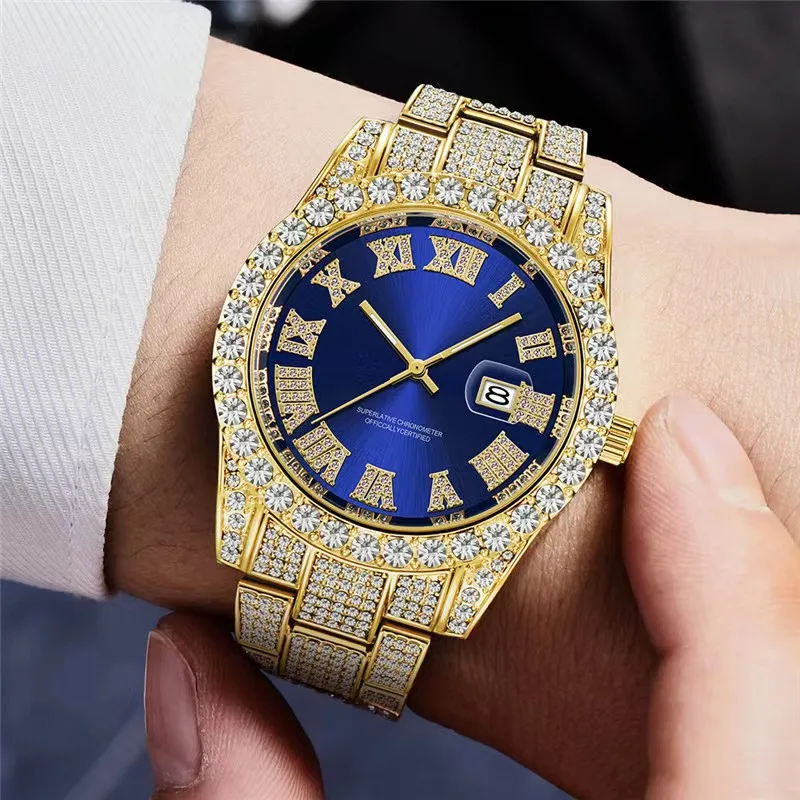 Hip Hop Men Watches Bracelet Luxury Fashion Full Diamond Calendar Quartz Watch Rhinestone Wristwatch Man Clock