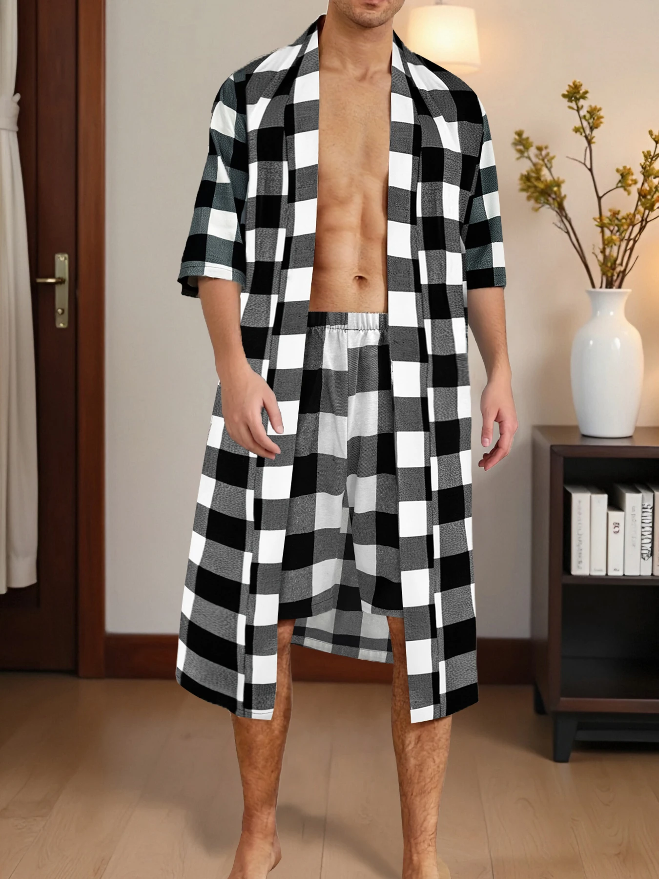 

Men's Black & White Gown & Shorts Set 2 Piece Comfortable Plaid Loungewear Summer