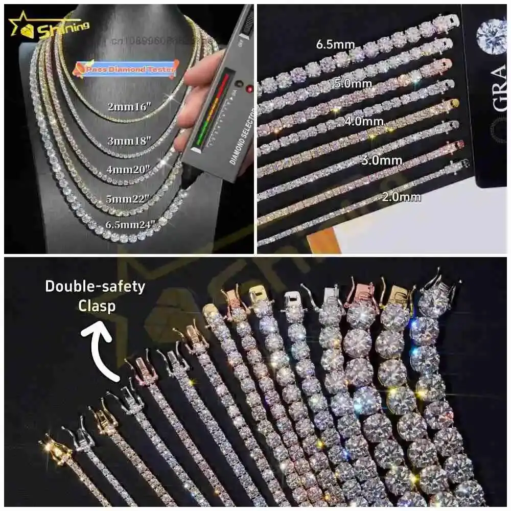 Fashion Pass Diamond Tester RTS Hip Hop Jewelry Charms Iced Out 2.0mm-6.5mm Lab Diamond 925 Silver VVS Moissanite Tennis Chain N
