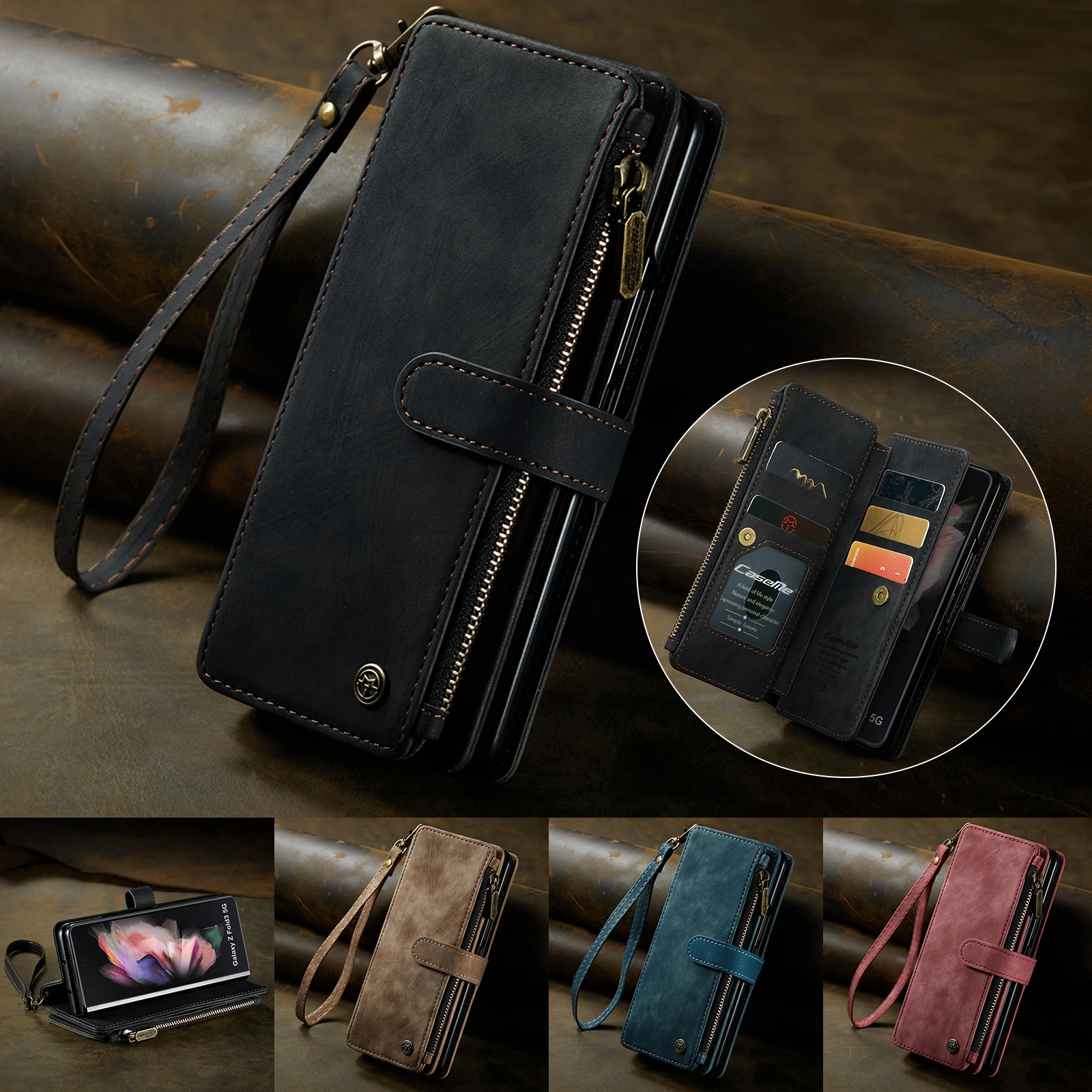 for Samsung Galaxy Z Fold 3/4 Wallet Case,Durable PU Leather Magnetic Wallet Flip Lanyard Strap Wristlet Zipper Card Holder Case