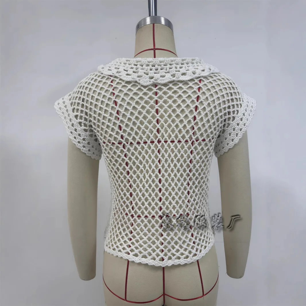 カーディガン女性コートセーター中空アウト半袖ターンダウン襟オープンステッチジャンパーコート Y2k ストリートシングルブレスト