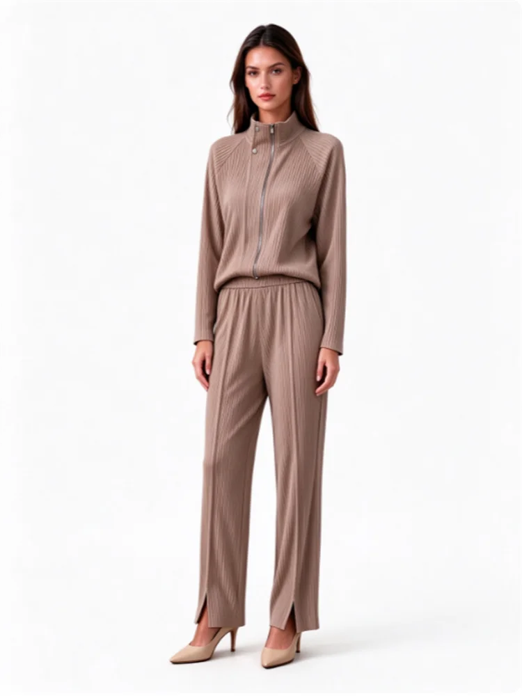 Miyake Pleated Women Khaki Brown Ribbed Two Piece Set, Zip Up Jacket Wide Leg Pants, Vertical Texture Casual Outfit