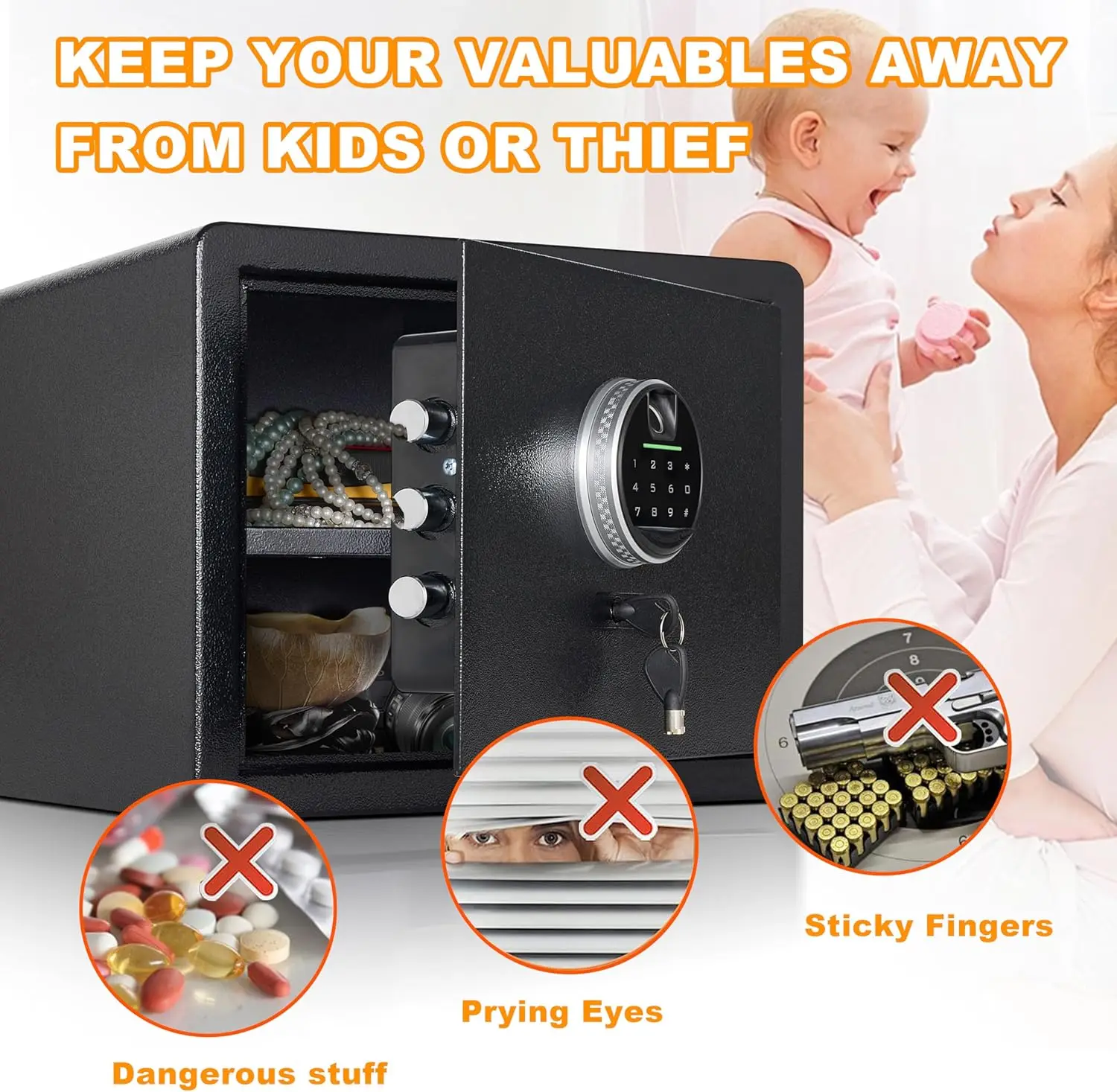 1.2 Cubic Feet Fingerprint Fireproof Home Safe With Fireproof Document Bag, Digital Security Safe With Removable Shelf Secure Ca