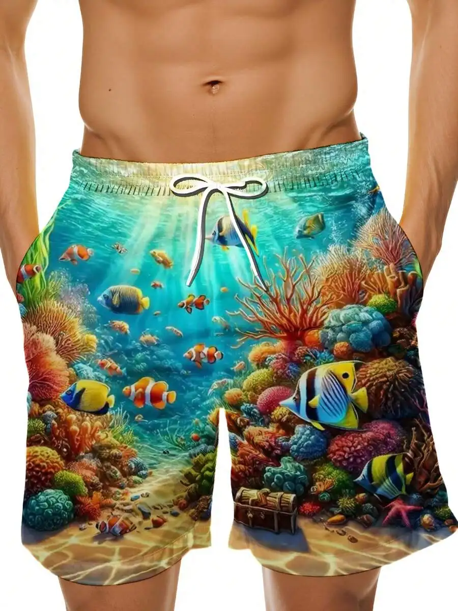 

Mens 3D Coral Reef Print Swim Trunks With Colorful Fish And Treasure Chest Quick Dry Beach Shorts