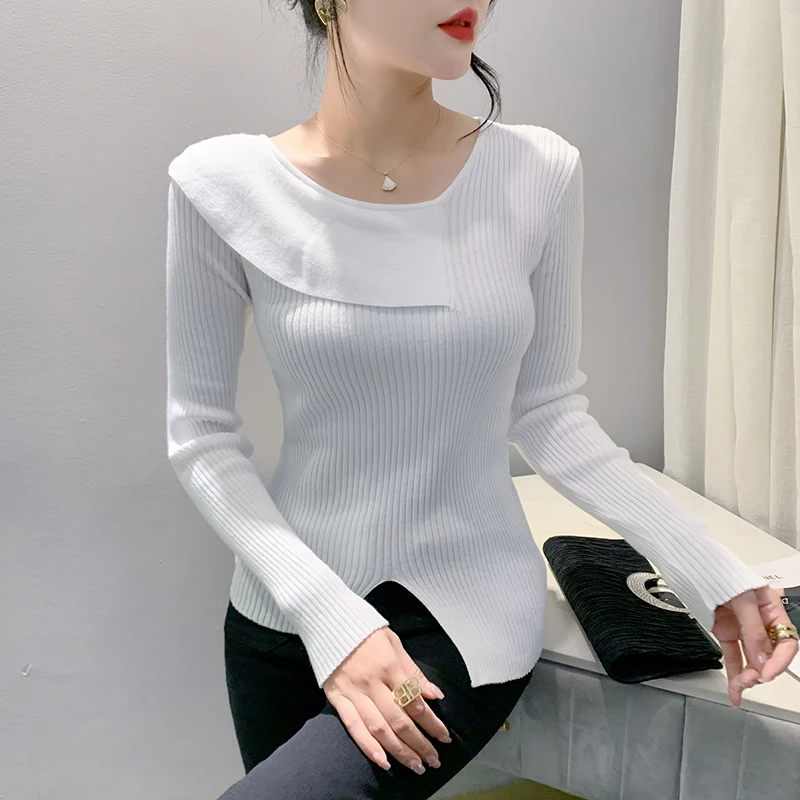 MadBlack European Clothes Sweater Women Slant Collar Slim Slit Rib Knit Top Long Sleeve Pullovers Autumn Spring T38069JM