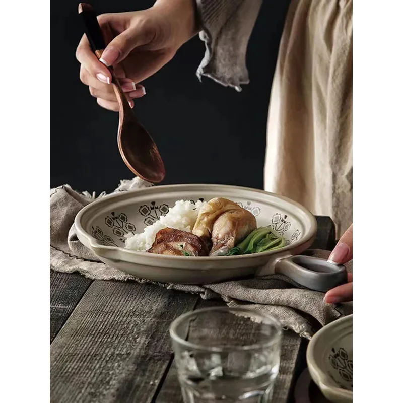 Ceramic Baking Pan Flat Bottomed Frying Pan  Wok Pan Fruit Plate with Handle Dinner  Dish Party Buffet Restaurant Cookware
