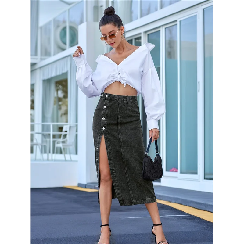 Hot Kf-femmes décontracté fente Denim Midi Jean jupe Stretch taille haute effiloché boutonné noir L