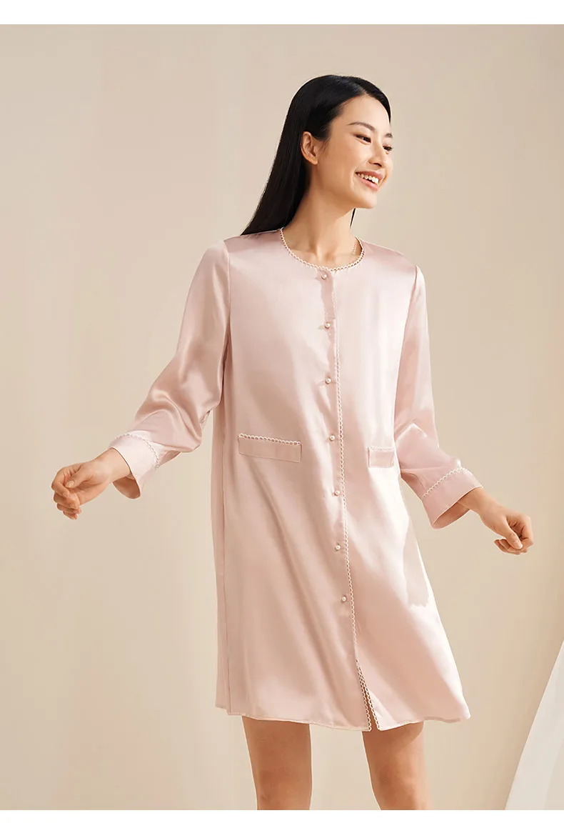 Winsleter,Women Long Sleeve,French Solid Soft Pajama Dress,6A 19MM 100%Mulberry Silk Elegant Nightgown,2024 Summer P45760QC