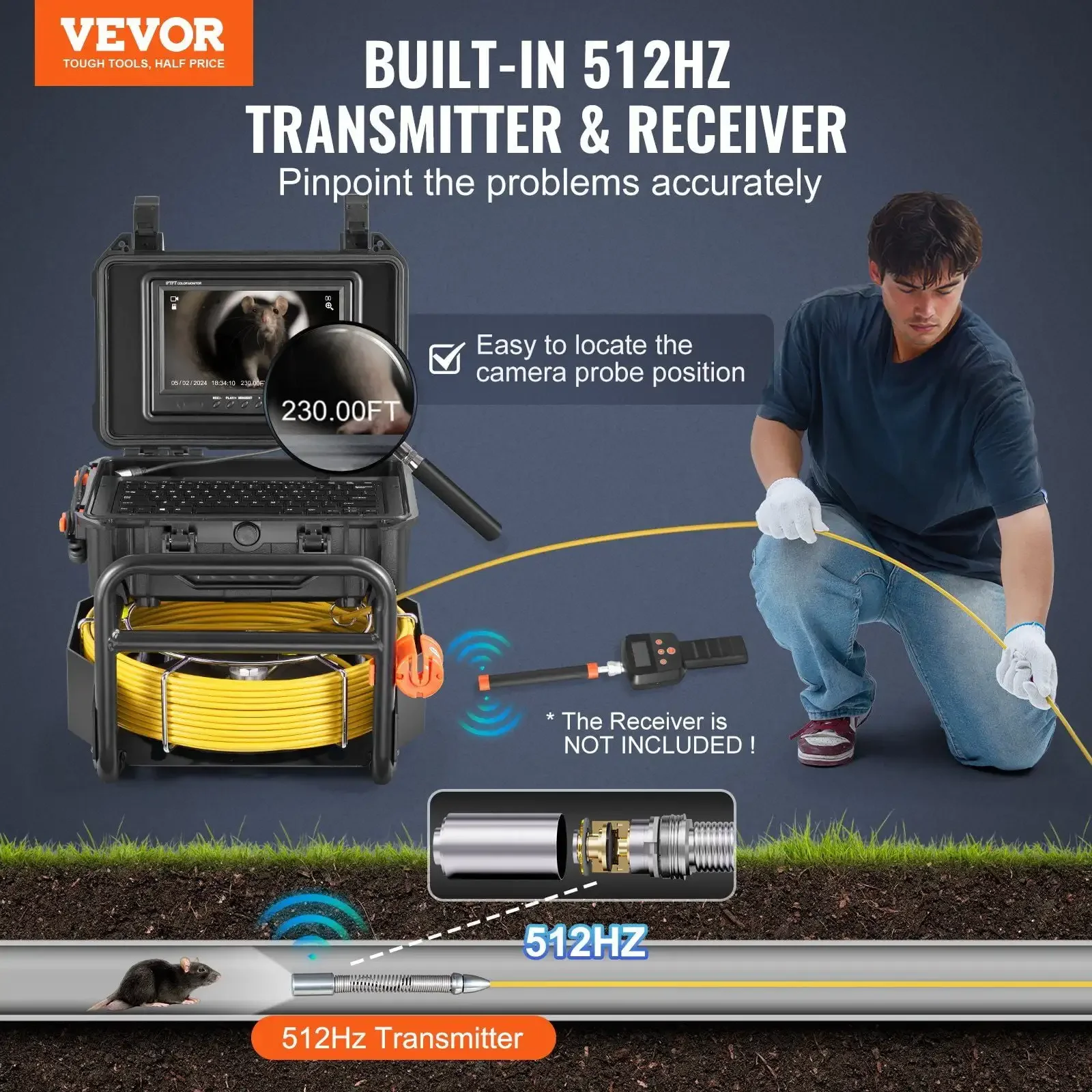 Sewer Camera 230 ft/70m Self-Leveling Drain Camera with 512Hz Transmitter