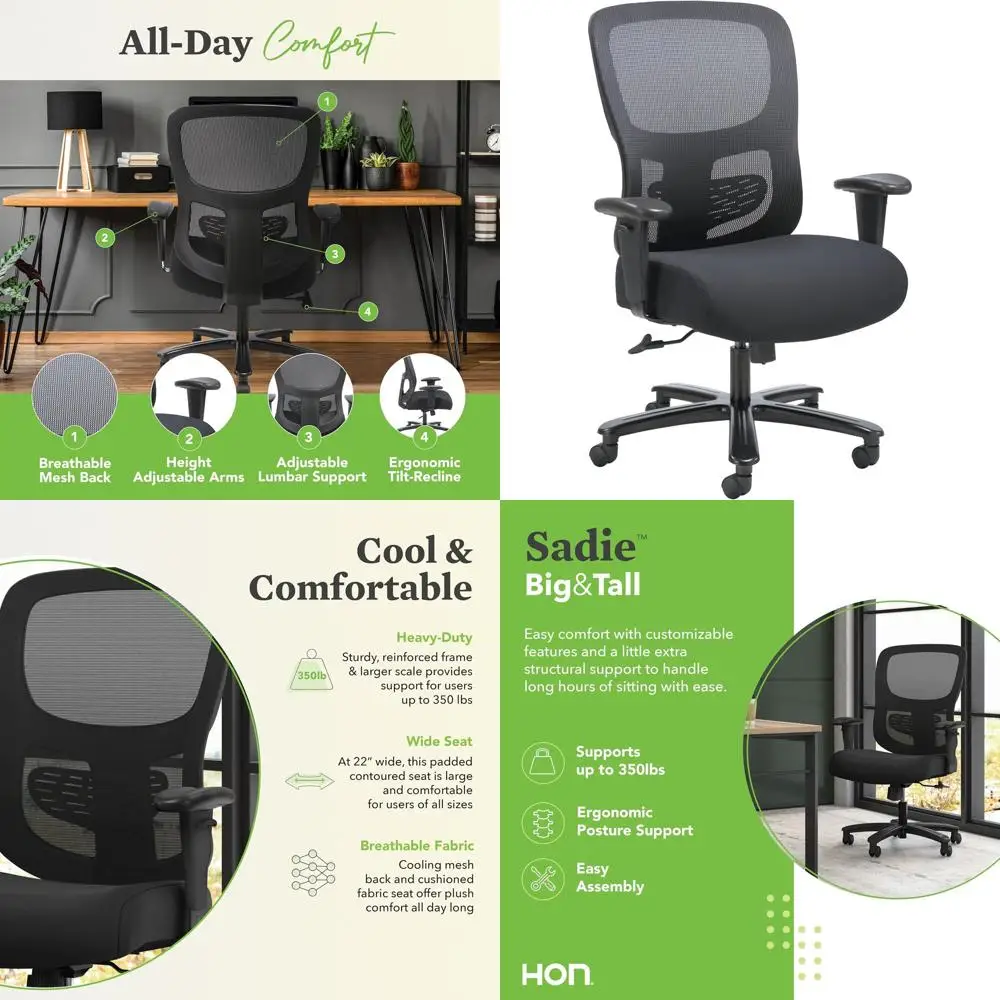 

Ergonomic High-Back Office Chair with Mesh, Lumbar Support, for Up to 350 lbs, Black
