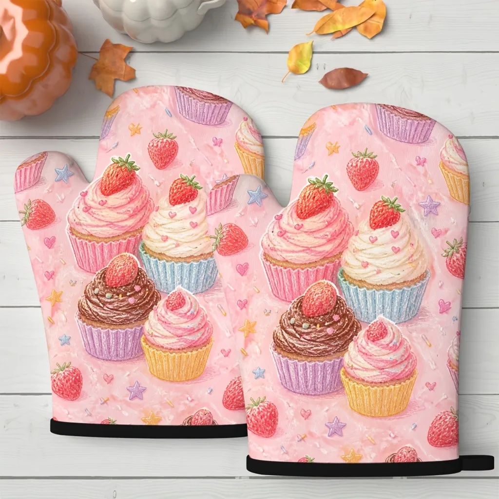 Cupcake Print Oven Mitts 2-Pack Heat Resistant Kitchen Gloves for Baking Cooking Gifts