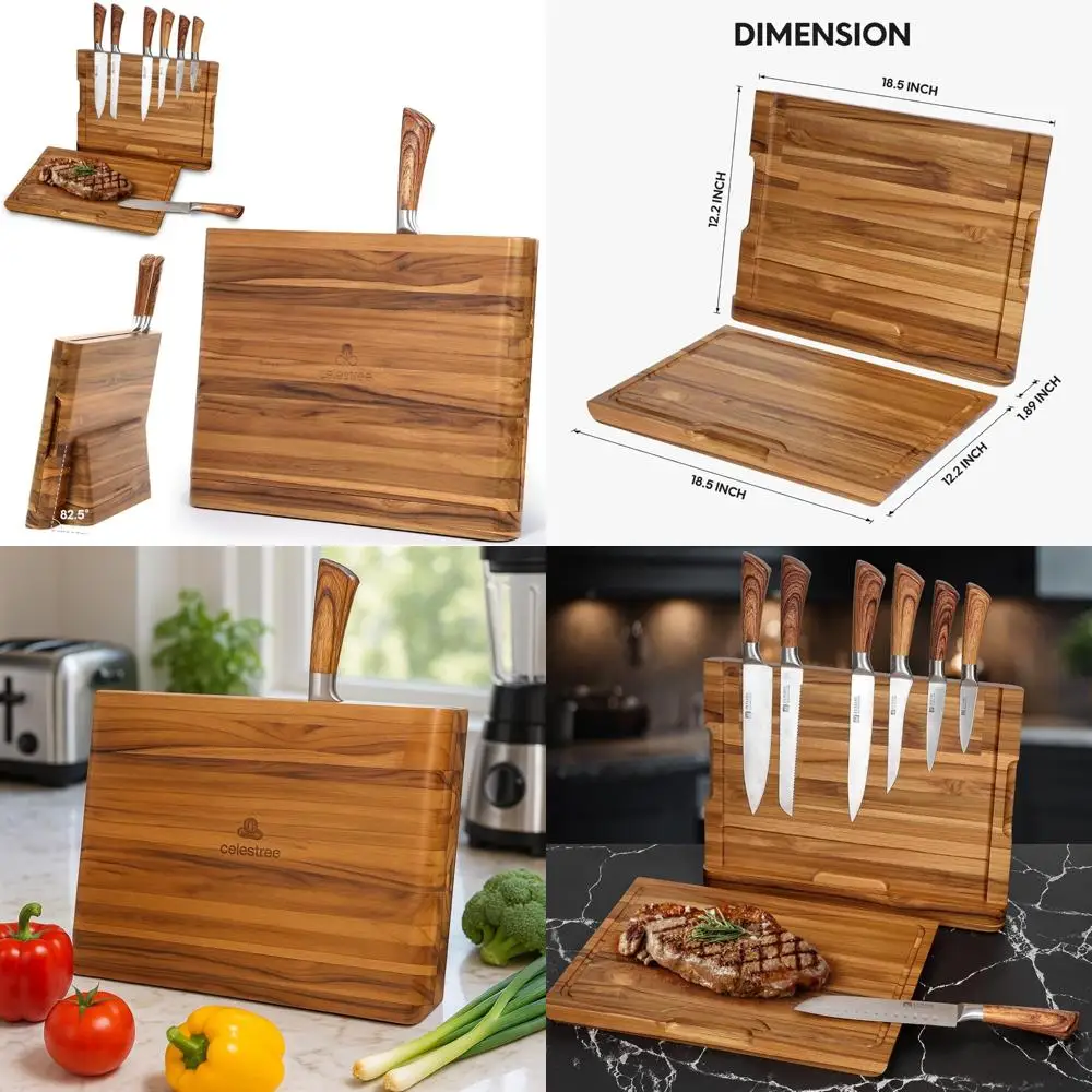 

Магнитный блок ножей 2-в-1 из натурального тикового дерева премиум-класса и разделочная доска 16x11 с канавками для сока, ручная работа для использования на кухне