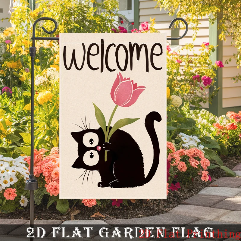 2D Flat - 2D Flat - A Garden Flag Featuring a Black Cat And a Pink Tulip, with Handwritten Welcome Messages. Made from Durable Polyester, This 12X18 Inch All-Weather Banner Is Perfect for Outdoor Use on Porches, Patios, And Lawns