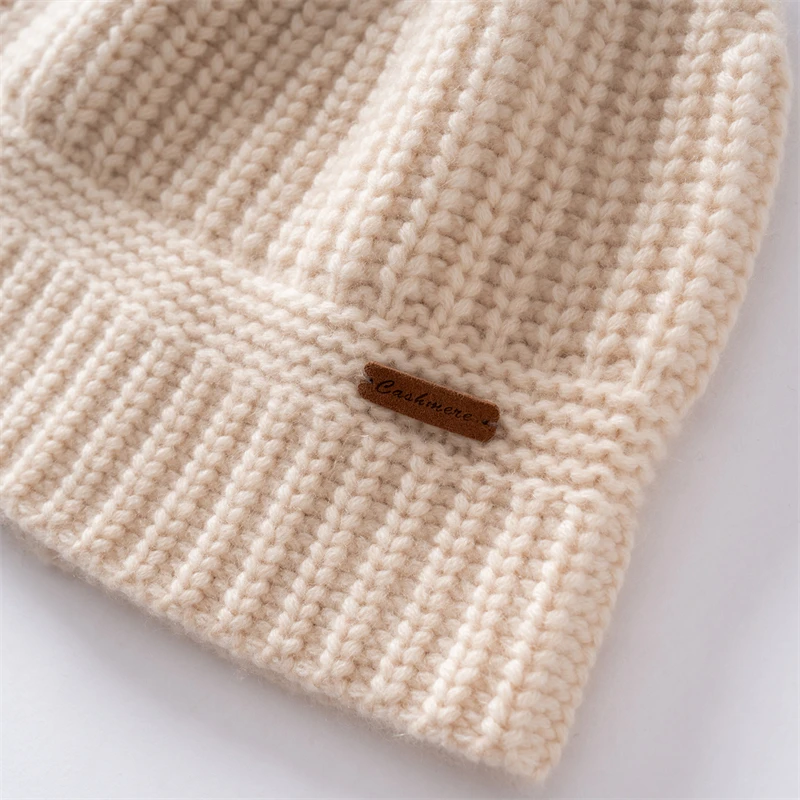 DjzDsm 100% Cashmere Hat Women's Thick Knitted Hat Casual Solid Color Warm Winter Thick Ear Protection Hat