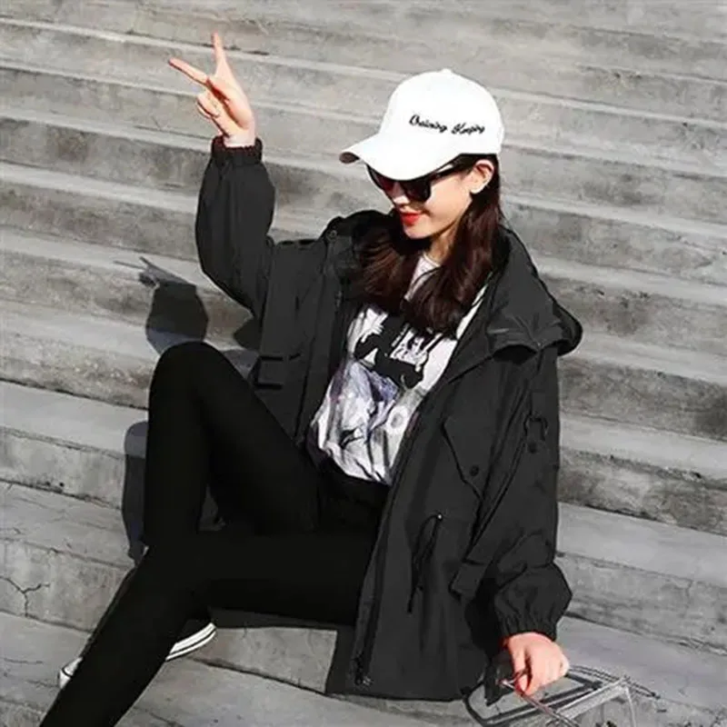 

2026 New Spring Autumn Trench Coat Women Korean Students Hooded With Lining Loose Windbreaker Outerwear Female Casual Lady Tops