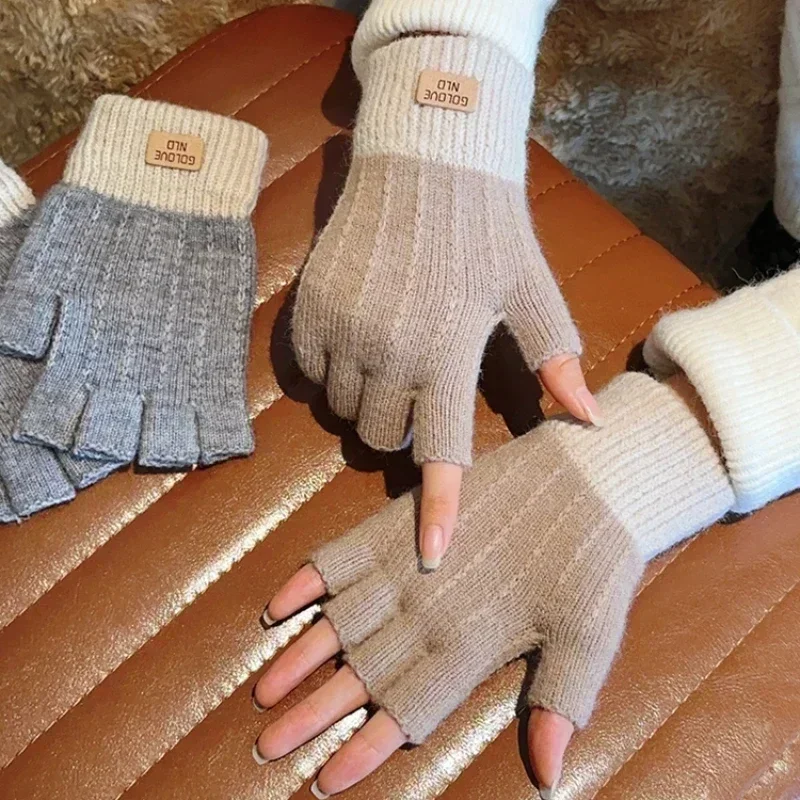 Guantes térmicos gruesos de punto para hombre y mujer, manoplas sin dedos para conducir, de lana cálida para invierno y exteriores, con pantalla táctil