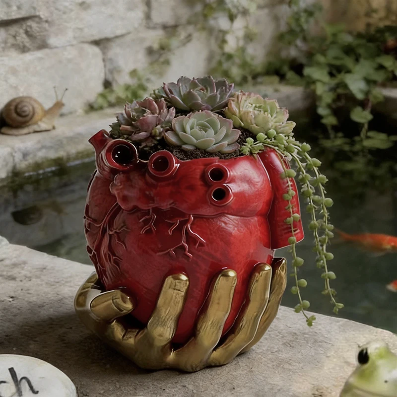 Maceta con Forma de Corazón Anatómico con Soporte Dorado, Maceta de Resina Roja para Suculentas, Decoración Artística para el Hogar, Idea de Regalo