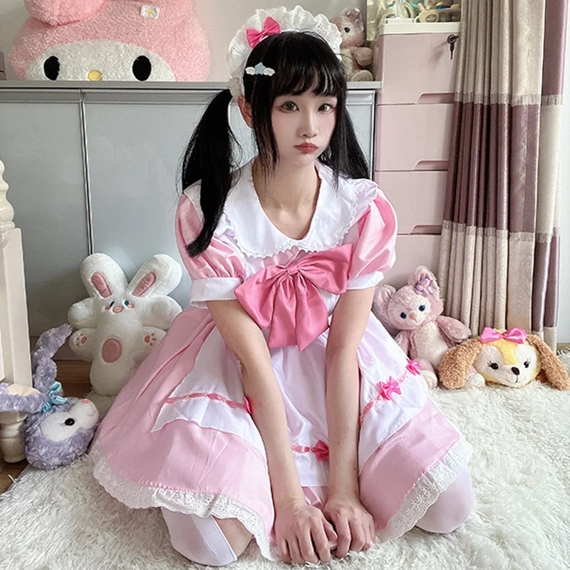 Kawaii Girl Pink Lace Maid Dress Quadratic Performance Cosplay Costume Lolita Sexy Bunny Bow Uniform Sweet Skirt Suit Japanese