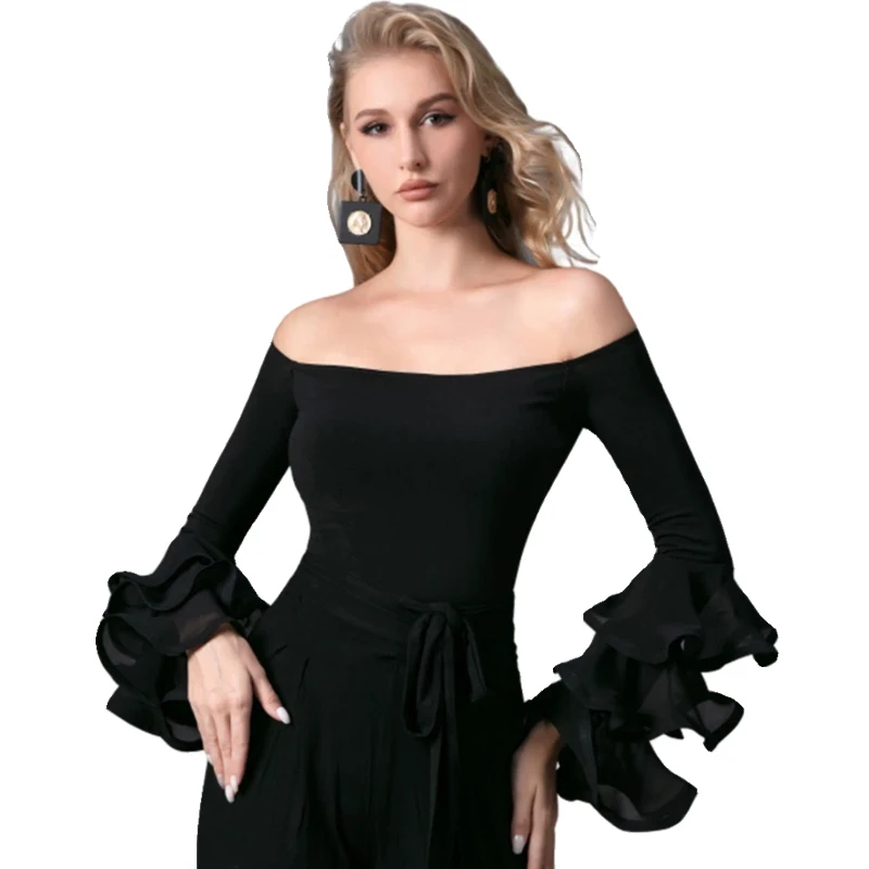 Fashion Black Ruffled Sleeved Latin Top Women Waltz Ballroom Dance Tops Adults Samba Rumba Latin Dance Competition Wear SL9656