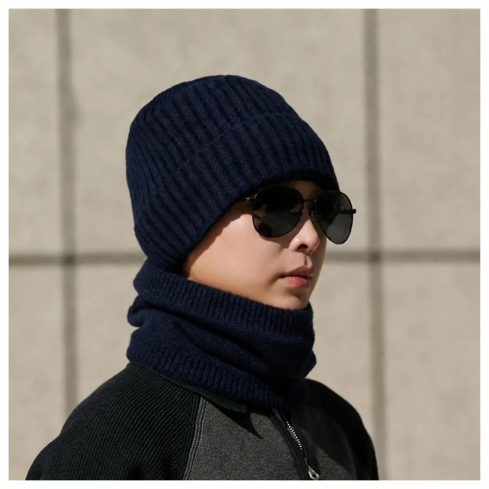 Solid Color Winter Beanie Hat Scarf Windproof Thick Velvet Lining Knitted Cap Scarf Set Warm Soft Large Brim Beanie