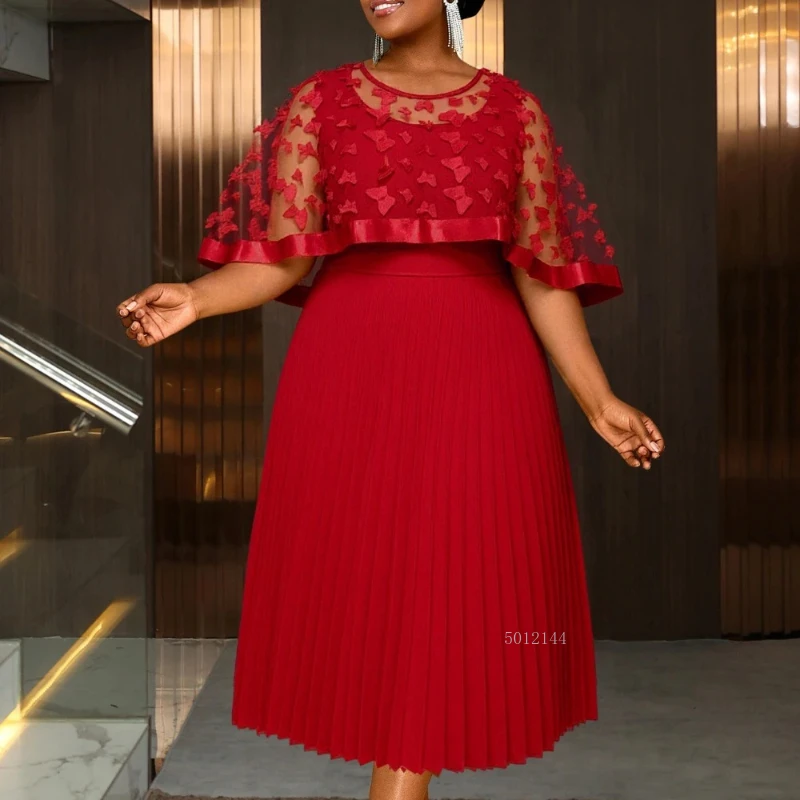 Elegancka sukienka midi damska z przezroczystym płaszczem z siateczki, dekolt w kształcie litery O z motywem motyla 3D, bez rękawów, plisowana, stylowa suknia wieczorowa na przyjęcie, wesele, dla gości weselnych.