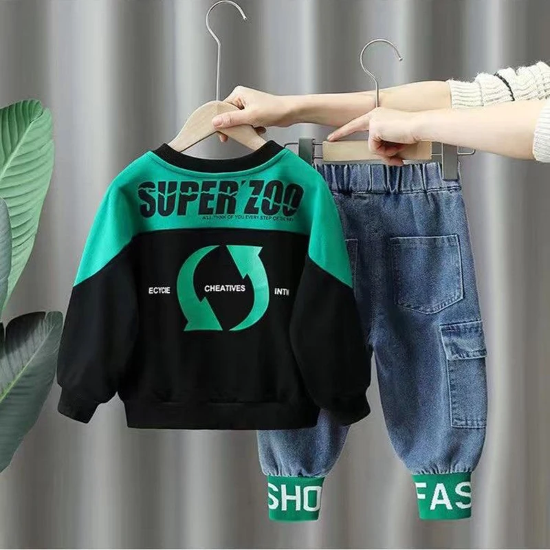 2024 New Boys 2 Piece Sets O Neck Print Sweatshirts Outfit + Lace Up Harem Jeans Ensembles Spring Fall Casual Children Conjuntos