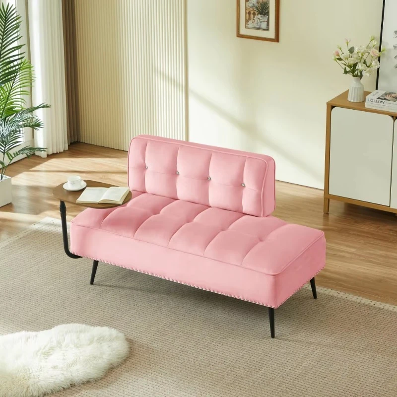 Modern two-seater velvet sofa with backrest and rotating side table
