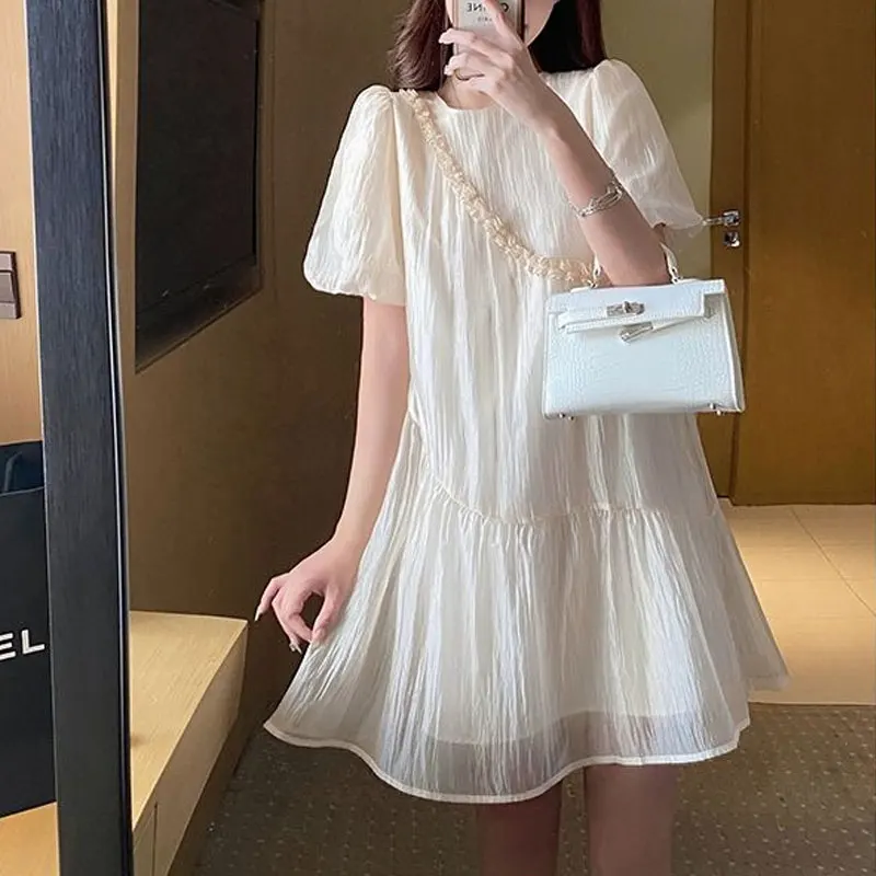 Korean Short Sleeve Midi Dress Women\'s Clothing Casual Round Neck Summer Thin Fashion Folds Spliced Commute Solid Color Dresses