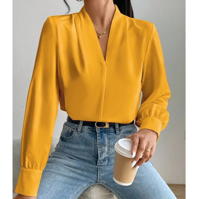 2024 Spring and Autumn Winter New Office Women\'s Long Sleeve Shirt Design Sense V-neck Solid Color Loose Top Autumn Shirt