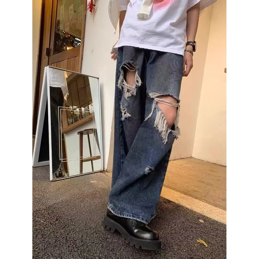 

American Sle Men's Ripped Denim Jeans Wide Leg Loose Fit Straight Cut Dad Pants Casual Cotton Polyester Blend Workwear