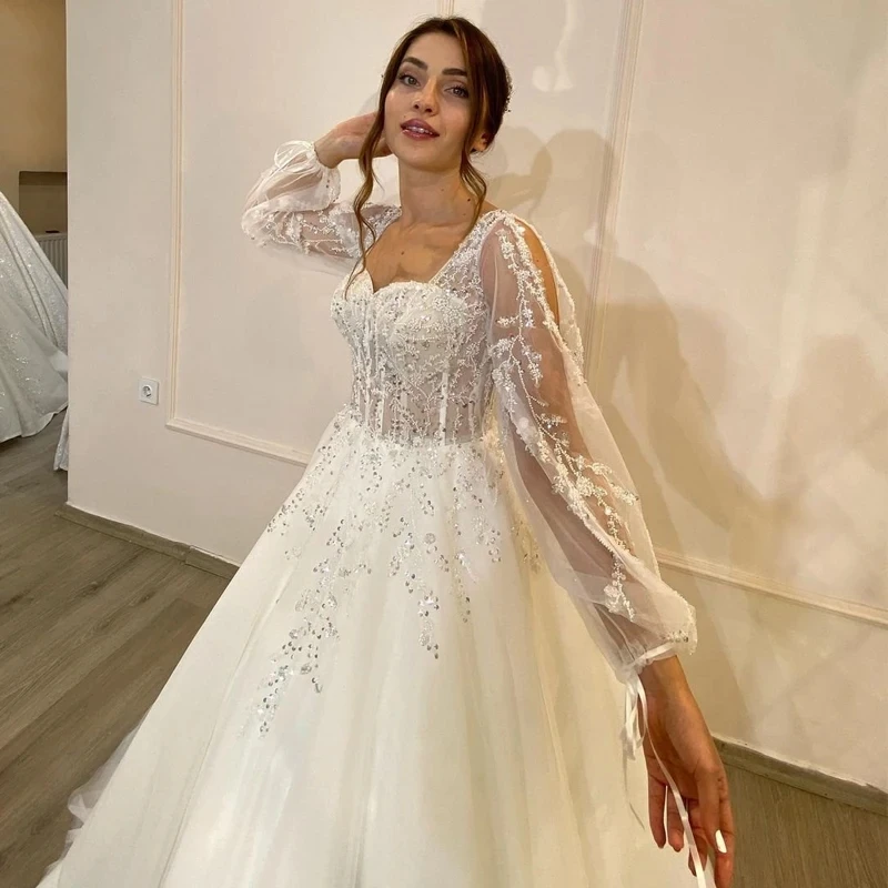 Illusion Long Sleeve Woman\'s Wedding Dresses A Line Sexy Lace Appliques Bride Gowns Fuffy Tulle Formal Vestidos Customized 2025