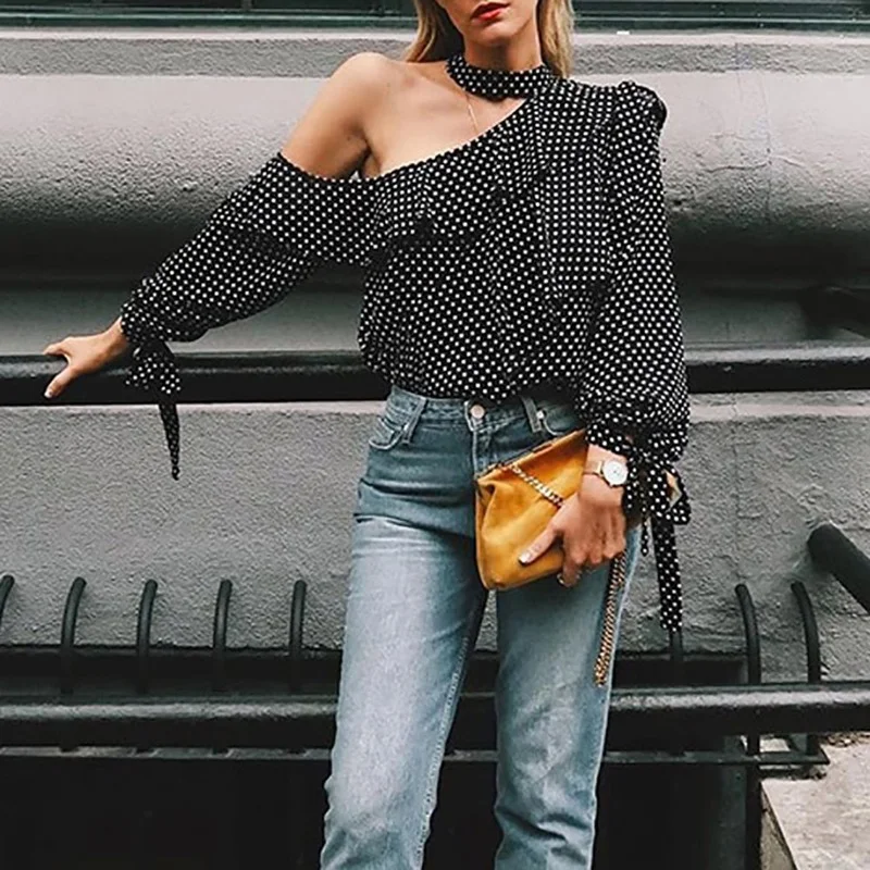 Summer Women Cottagecore Fashion Strapless Hanging Neck Cuff Bow Long-sleeved Polka Dot Blouse Lantern Sleeve Ruffled T-shirt