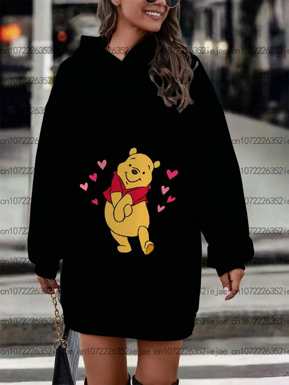 Nueva tendencia de moda vestido suéter Winnie the Pooh estampado mujer Sudadera con capucha de manga larga invierno Disney vestido jersey cálido al aire libre