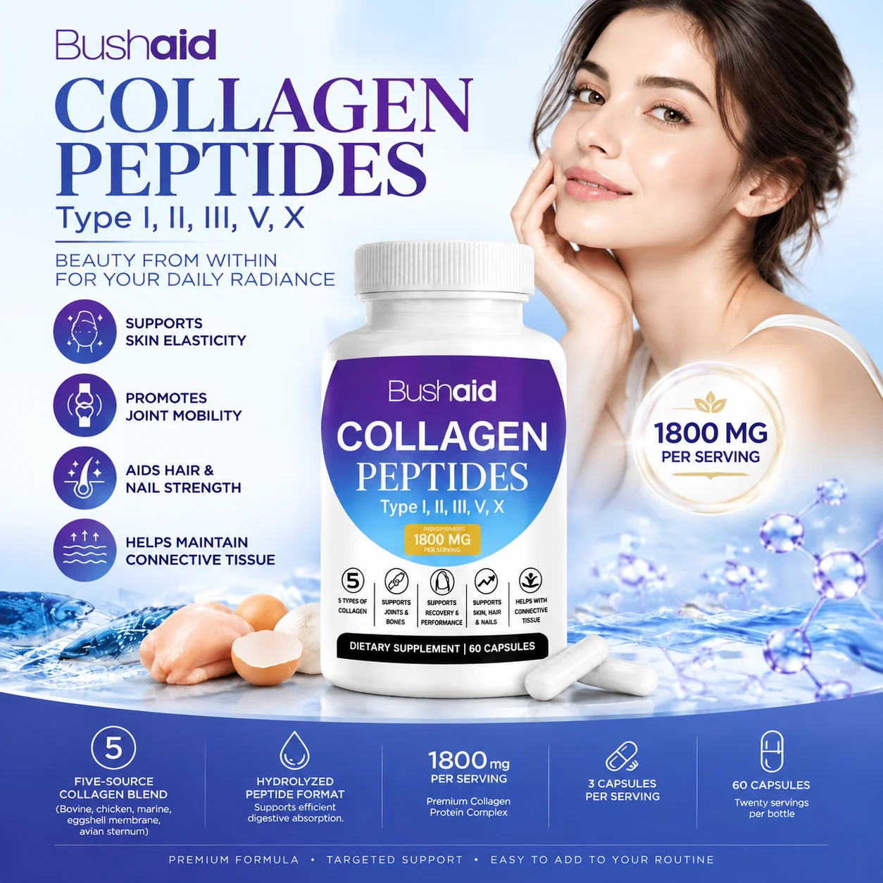 Collagen Peptides Capsules Promote Skin Elasticity & Joint Comfort & Hair Nail Strength & Connective Tissue Health 60 Capsules
