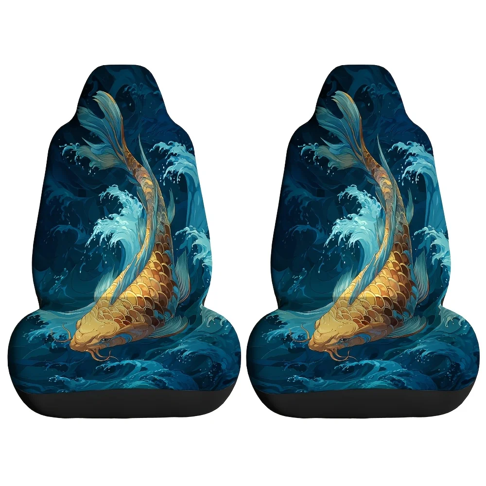 2pcs Golden Carp Breaking Waves Leaping Tides Printed Car Seat Covers, Suitable For Sedans, Suvs, Mpvs, Trucks, Durable Polyeste