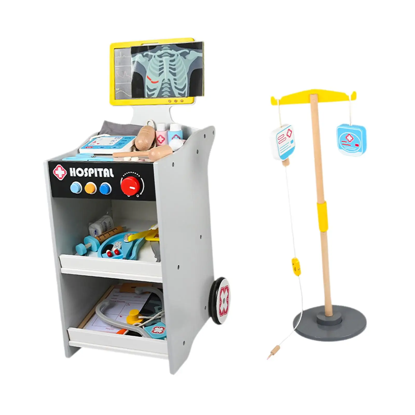 Doctor Kit for Kids Simulated Doctors Wood Educational Pretend Medical Station Set Medical Toy Cart for Birthday Gift Children