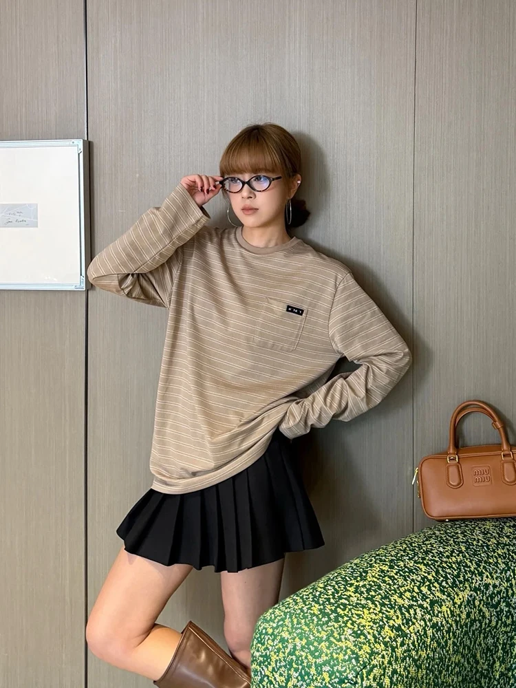 

Футболка Long Sve, женская свободная футболка с надписью в стиле пэчворк, полосатый топ Miu Sle Commute, простой хлопок с принтом, осенний женский irt