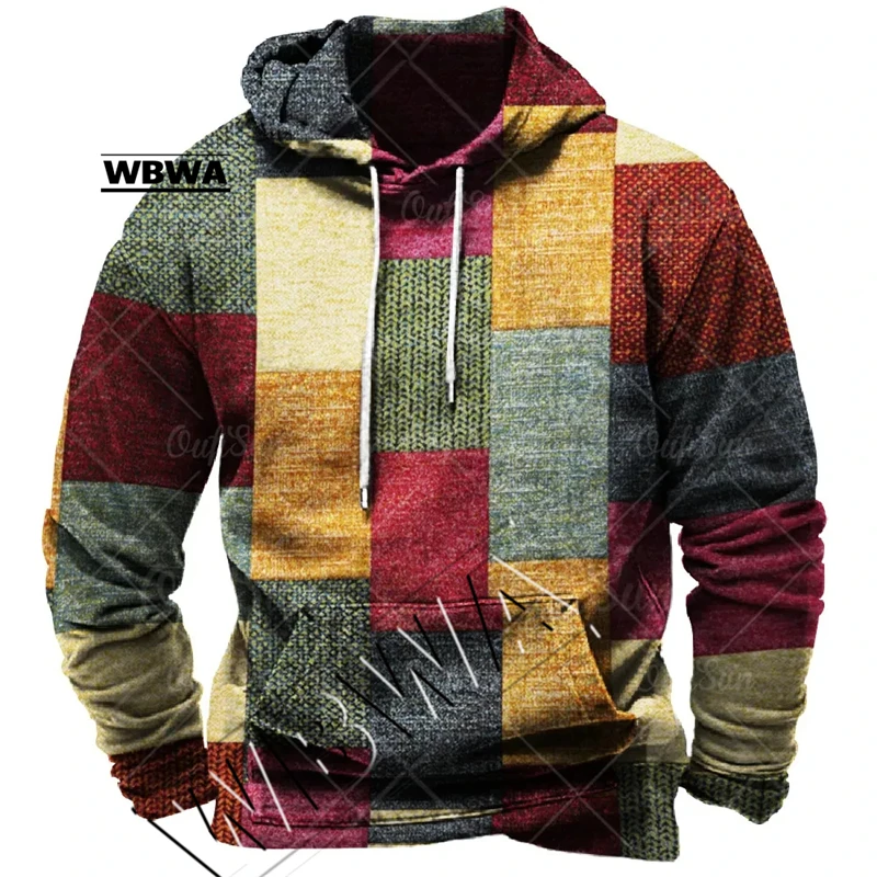 Vintage Men\'s Hoodie For Sweatshirt 3d Plaid Print Long Sleeve Pullover Street Man Clothing Men\'s Oversized Hooded Sweater 2023