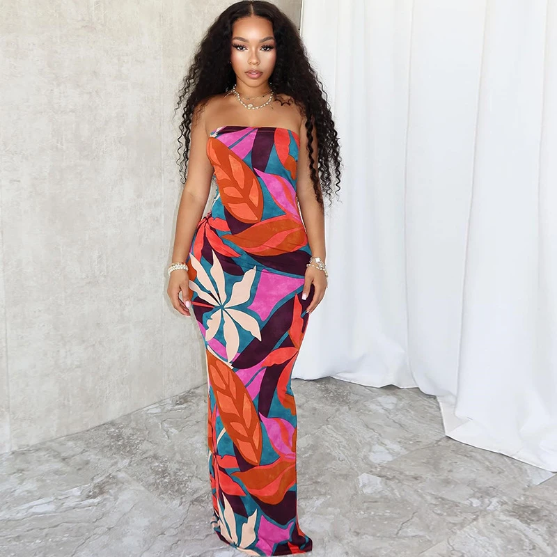 

Sexy Summer Leaf Printed Strapless Slim Bodycon Long Dress For Women Streetwear