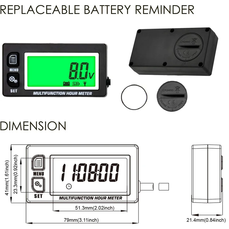 LCD Digital Hourmeter Tachometer Engine Thermometer Replaceable Clock for Motorcycle ATV Marine Boat Gasoline Engines