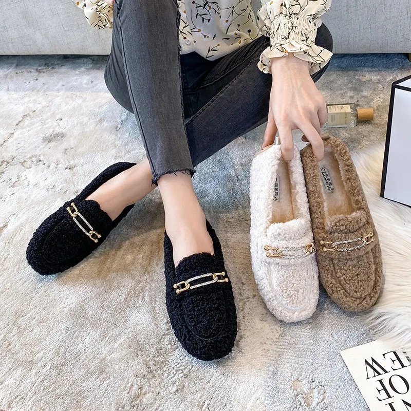 2026 Brand Metal Chain Lambswool Mocasines Femme Fleeces Sneakers Winter Shoes Ladies Warm Wool Loafers Big Size Fur Flats Women